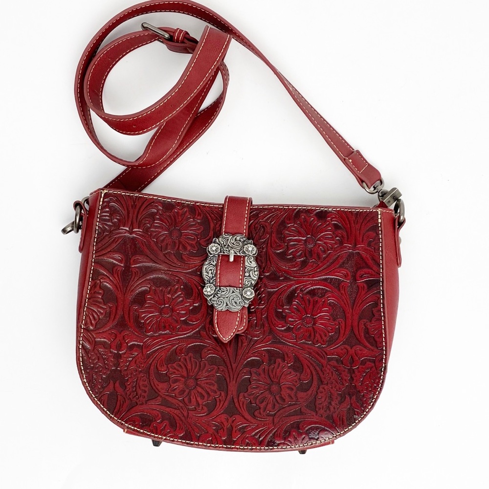 TRINITY RANCH Burgundy Embossed Tooled Leather Shoulder Bag Boho Western